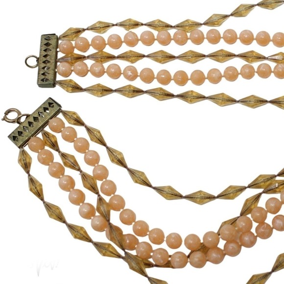 Vintage 5 Strand Necklace Pink Round and Diamond Shaped Beads 25 " Long -Hey Viv - Picture 3 of 6